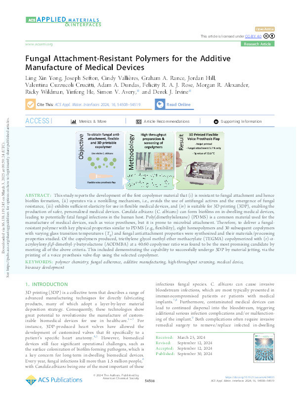 Fungal Attachment-Resistant Polymers for the Additive Manufacture of Medical Devices Thumbnail