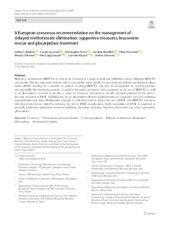 A European consensus recommendation on the management of delayed methotrexate elimination: supportive measures, leucovorin rescue and glucarpidase treatment Thumbnail