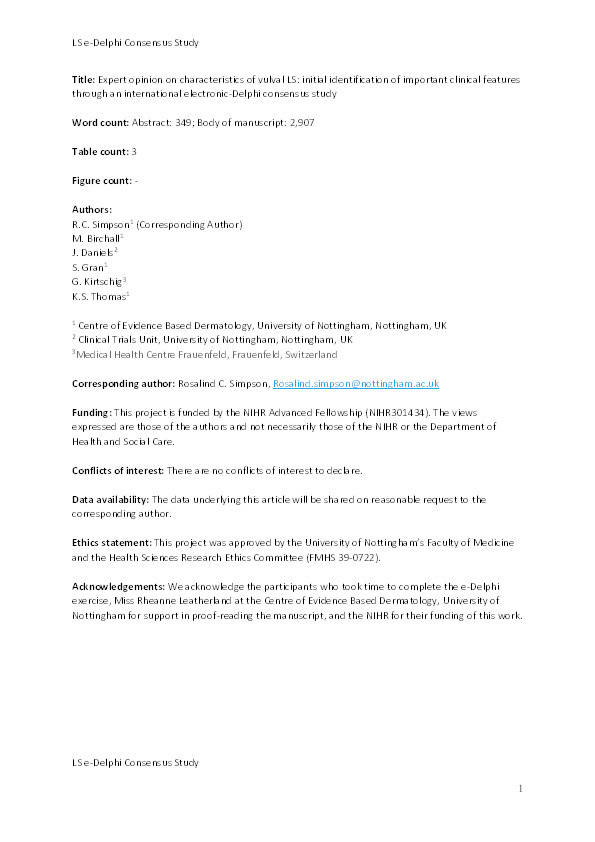 Expert opinion on characteristics of vulval LS: initial identification of important clinical features through an international electronic-Delphi consensus study Thumbnail