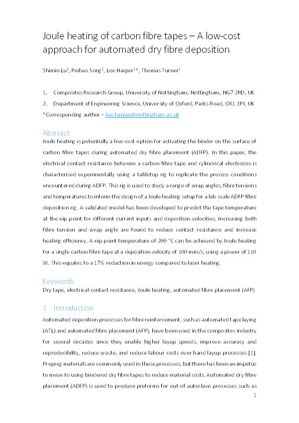 Joule heating of carbon fibre tapes – A low-cost approach for automated dry fibre deposition Thumbnail