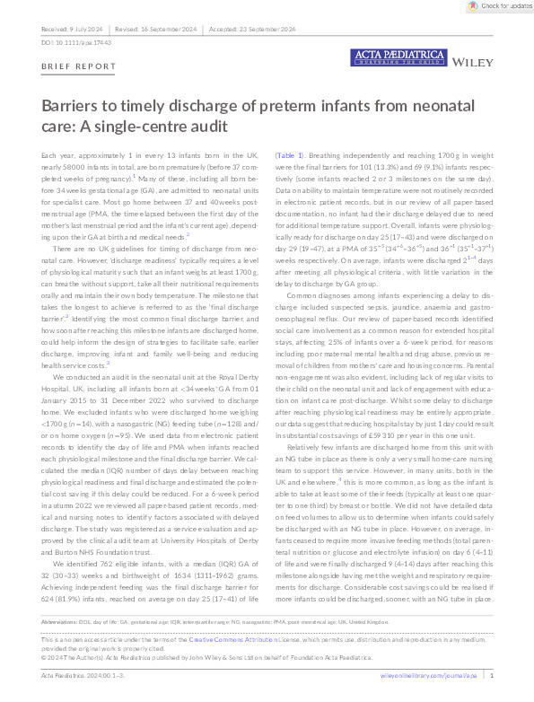 Barriers to timely discharge of preterm infants from neonatal care: A single‐centre audit Thumbnail