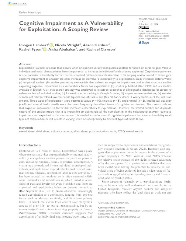 Cognitive Impairment as A Vulnerability for Exploitation: A Scoping Review Thumbnail