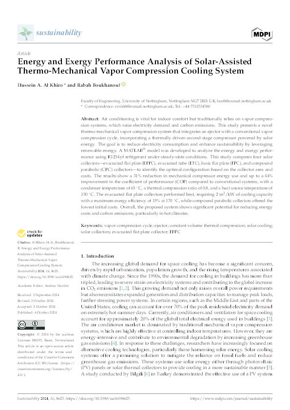 Energy and Exergy Performance Analysis of Solar-Assisted Thermo-Mechanical Vapor Compression Cooling System Thumbnail