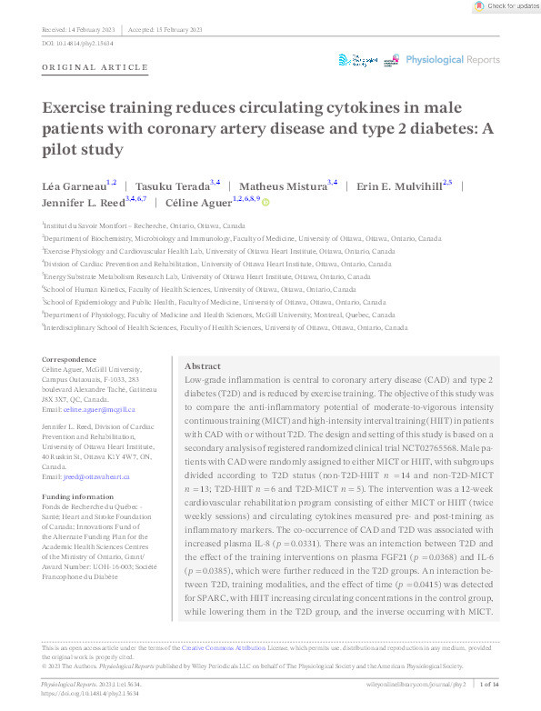 Exercise training reduces circulating cytokines in male patients with coronary artery disease and type 2 diabetes: A pilot study Thumbnail