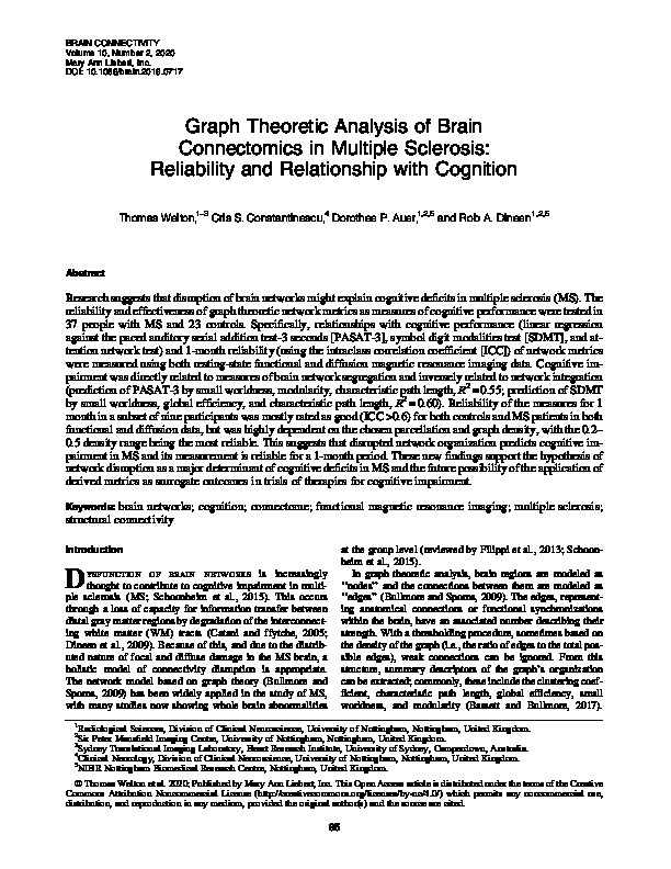 Graph Theoretic Analysis of Brain Connectomics in Multiple Sclerosis: Reliability and Relationship to Cognition Thumbnail