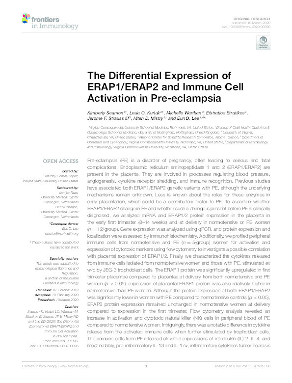 The Differential Expression of ERAP1/ERAP2 and Immune Cell Activation in Pre-eclampsia Thumbnail