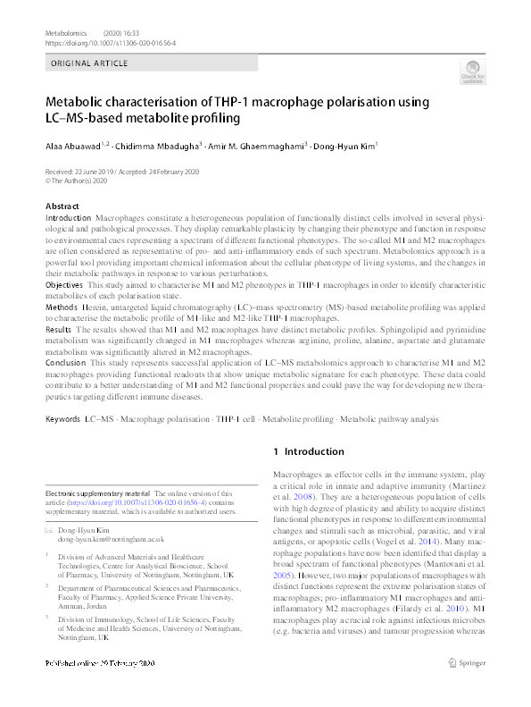 Metabolic characterisation of THP-1 macrophage polarisation using LC–MS-based metabolite profiling Thumbnail