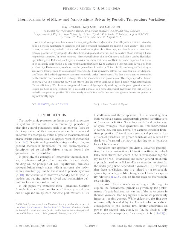 Thermodynamics of micro- and nano-systems driven by periodic temperature variations Thumbnail