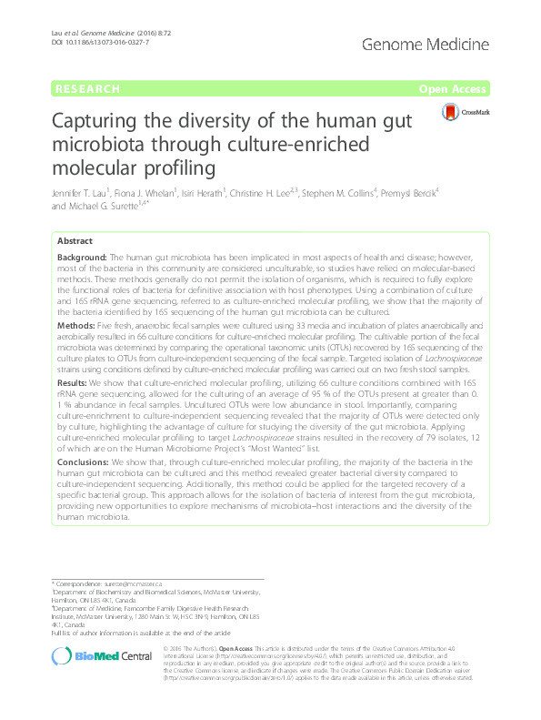 Capturing the diversity of the human gut microbiota through culture-enriched molecular profiling Thumbnail