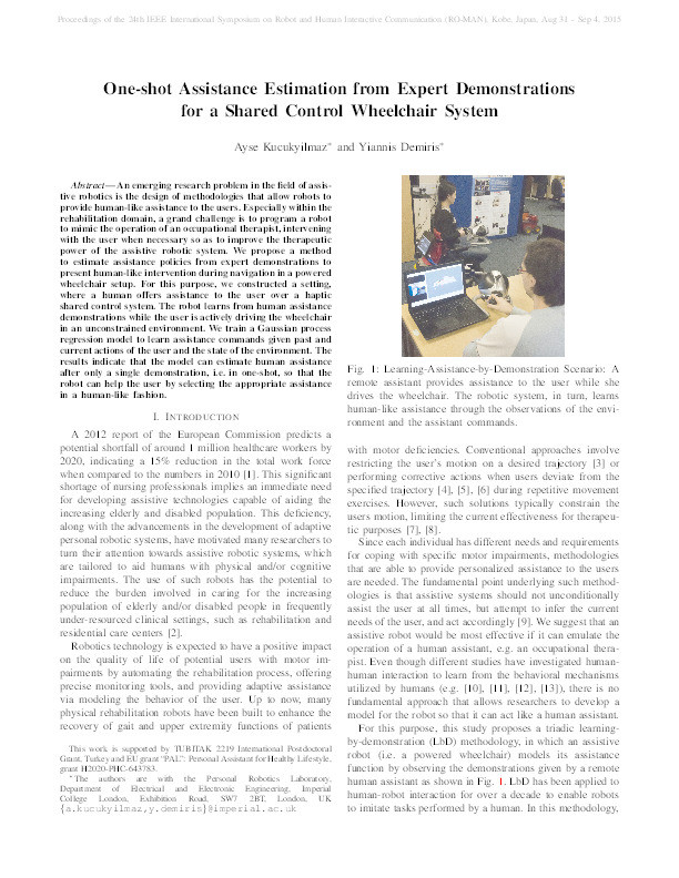 One-shot assistance estimation from expert demonstrations for a shared control wheelchair system Thumbnail