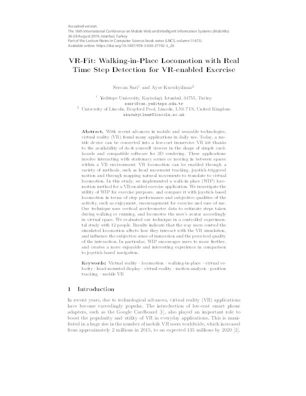 VR-Fit: Walking-in-Place Locomotion with Real Time Step Detection for VR-Enabled Exercise Thumbnail