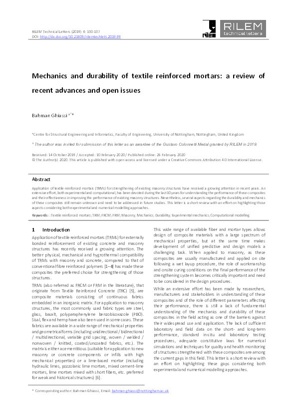 Mechanics and durability of lime-based textile reinforced mortars Thumbnail