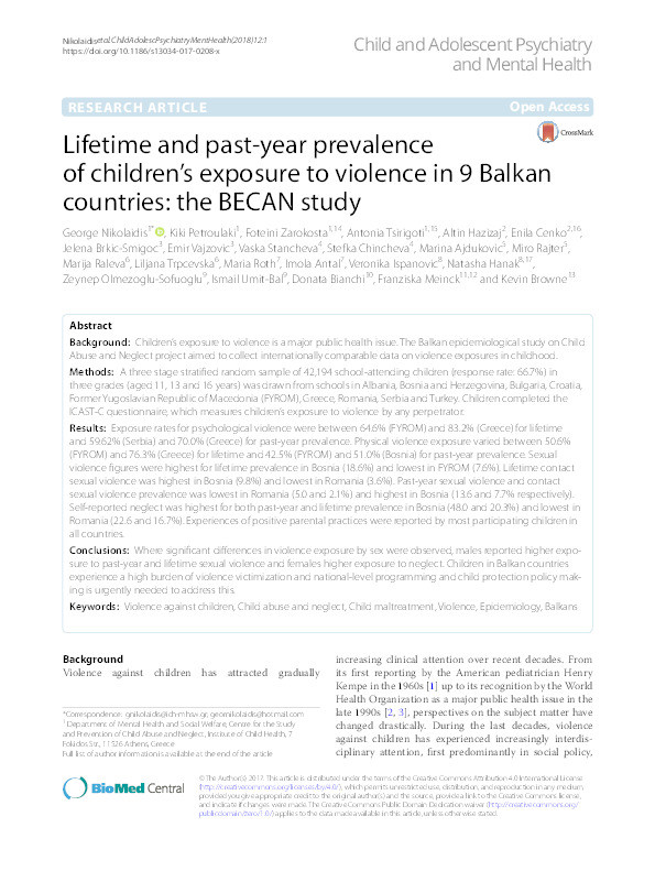 Lifetime and past-year prevalence of children’s exposure to violence in 9 Balkan countries: the BECAN study Thumbnail