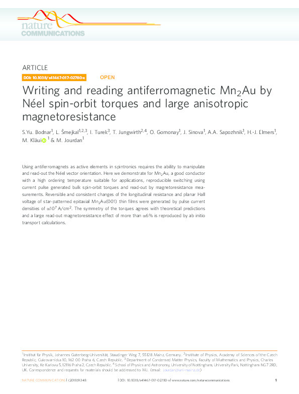 Writing and reading antiferromagnetic Mn2Au by Néel spin-orbit torques and large anisotropic magnetoresistance Thumbnail