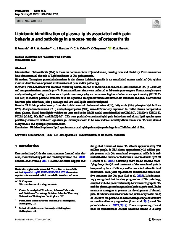 Lipidomic identification of plasma lipids associated with pain behaviour and pathology in a mouse model of osteoarthritis Thumbnail