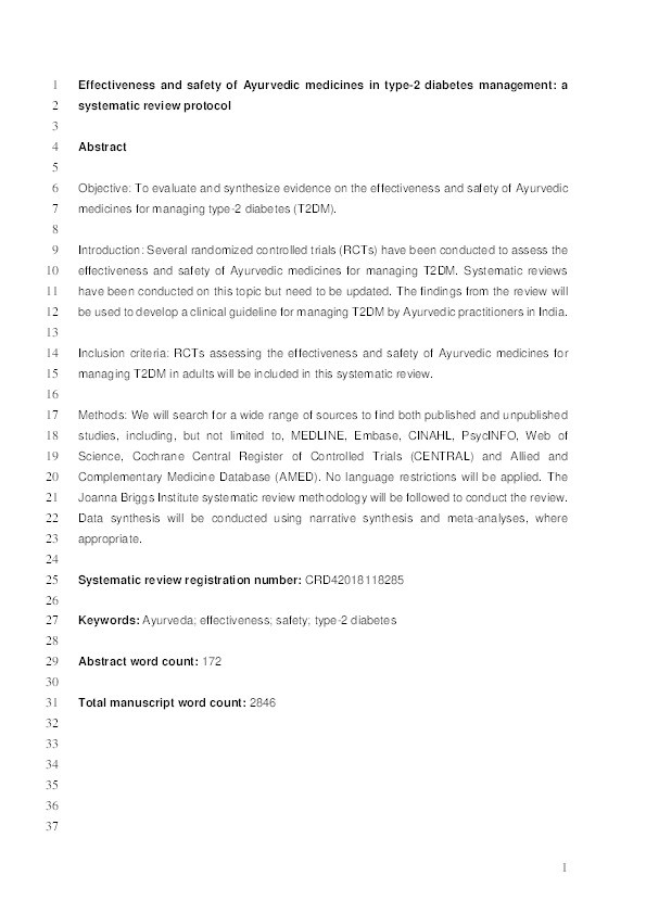 Effectiveness and safety of Ayurvedic medicines in type-2 diabetes management: a systematic review protocol Thumbnail