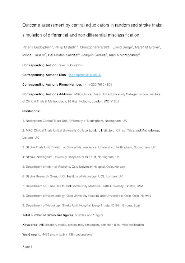 Outcome assessment by central adjudicators in randomised stroke trials: Simulation of differential and non-differential misclassification Thumbnail