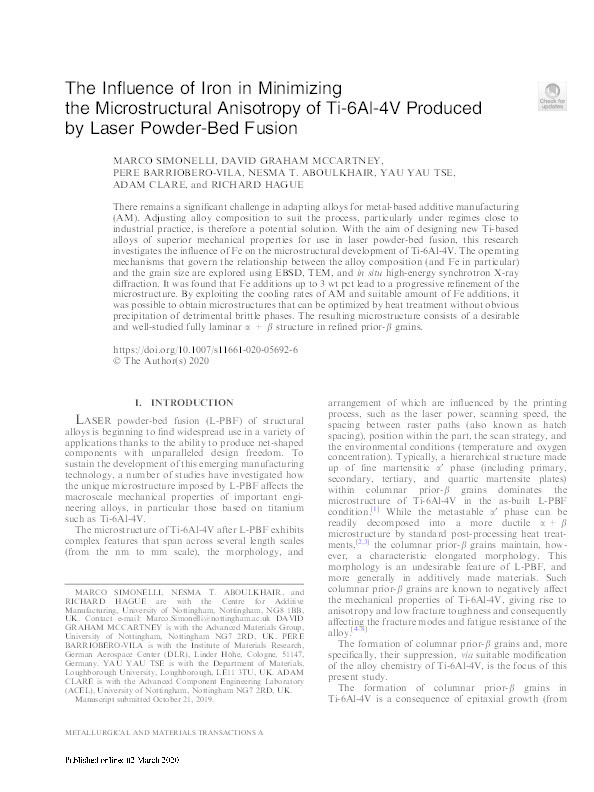 The Influence of Iron in Minimizing the Microstructural Anisotropy of Ti-6Al-4V Produced by Laser Powder-Bed Fusion Thumbnail