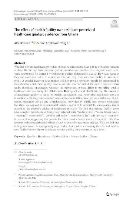 The effect of health facility ownership on perceived healthcare quality: evidence from Ghana Thumbnail