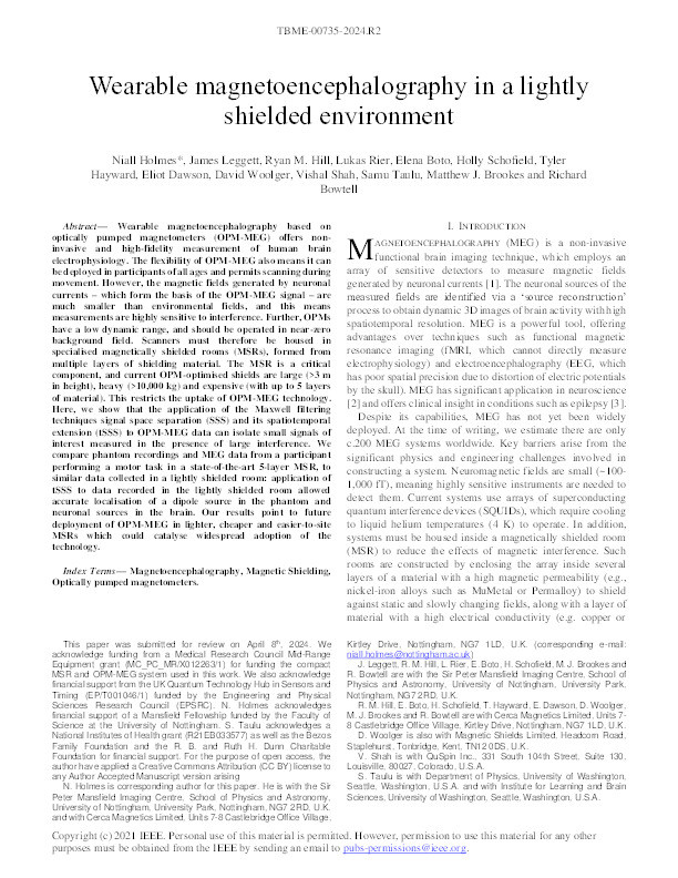 Wearable magnetoencephalography in a lightly shielded environment Thumbnail