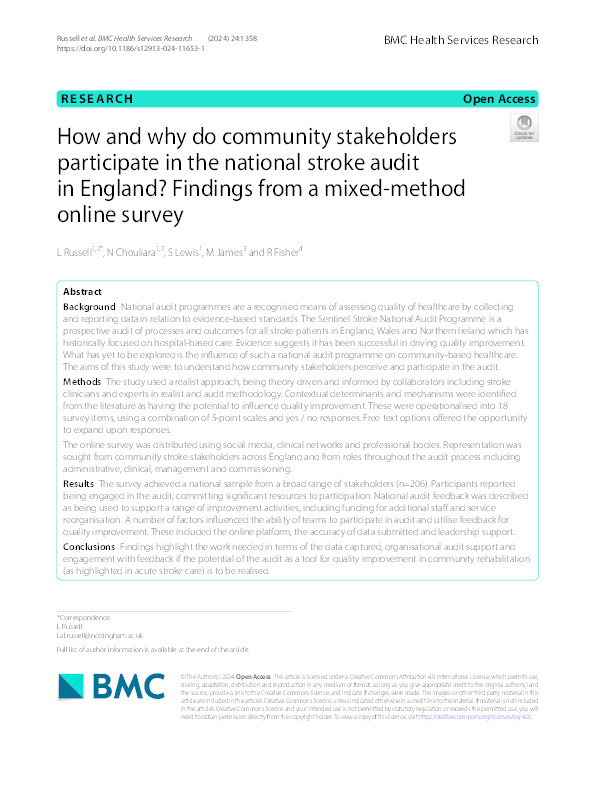 How and why do community stakeholders participate in the national stroke audit in England? Findings from a mixed-method online survey Thumbnail