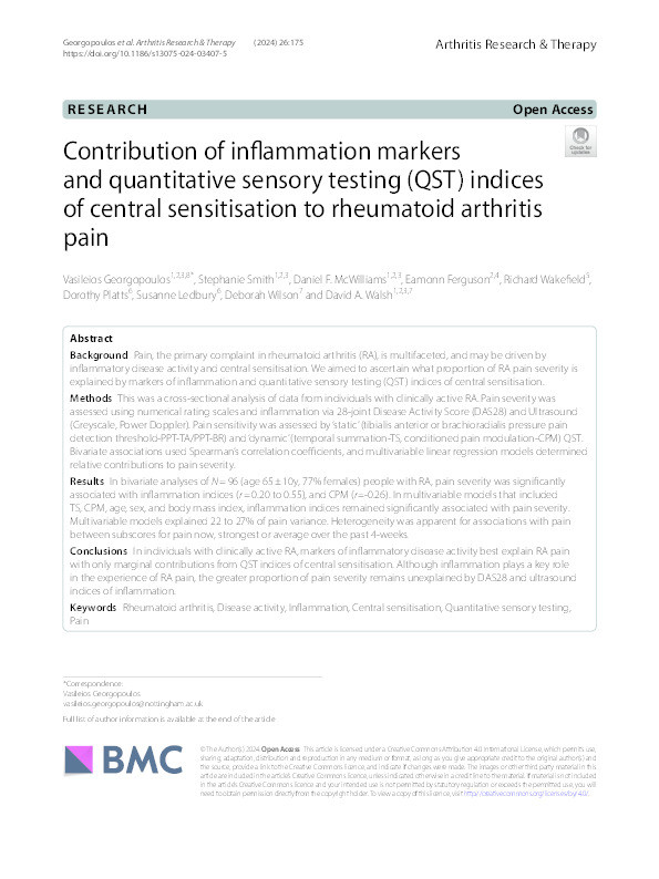 Contribution of inflammation markers and quantitative sensory testing (QST) indices of central sensitisation to rheumatoid arthritis pain Thumbnail