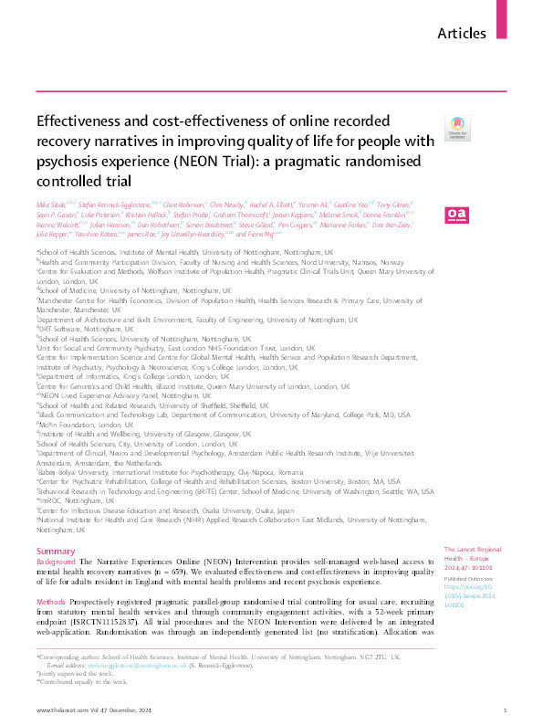 Effectiveness and cost-effectiveness of online recorded recovery narratives in improving quality of life for people with psychosis experience (NEON Trial): a pragmatic randomised controlled trial Thumbnail