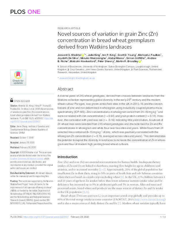Novel sources of variation in grain Zinc (Zn) concentration in bread wheat germplasm derived from Watkins landraces Thumbnail