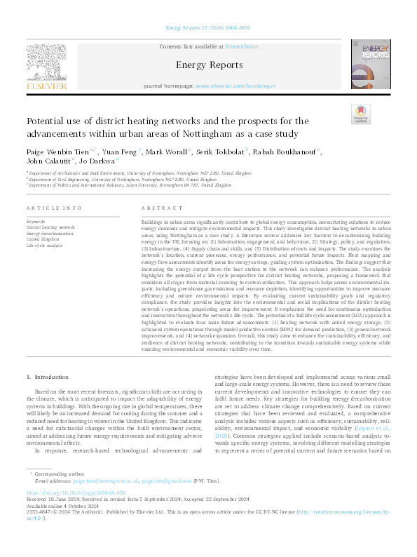 Potential use of district heating networks and the prospects for the advancements within urban areas of Nottingham as a case study Thumbnail