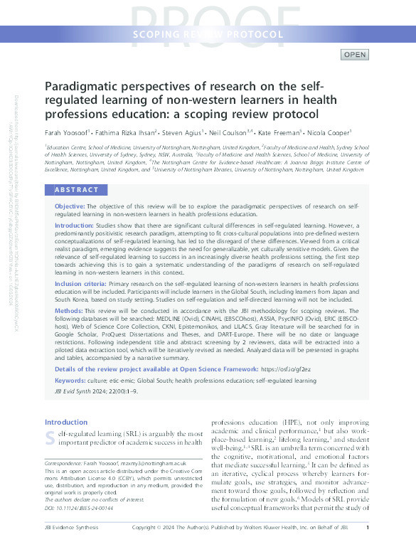 Paradigmatic perspectives of research on the self-regulated learning of non-western learners in health professions education: a scoping review protocol Thumbnail