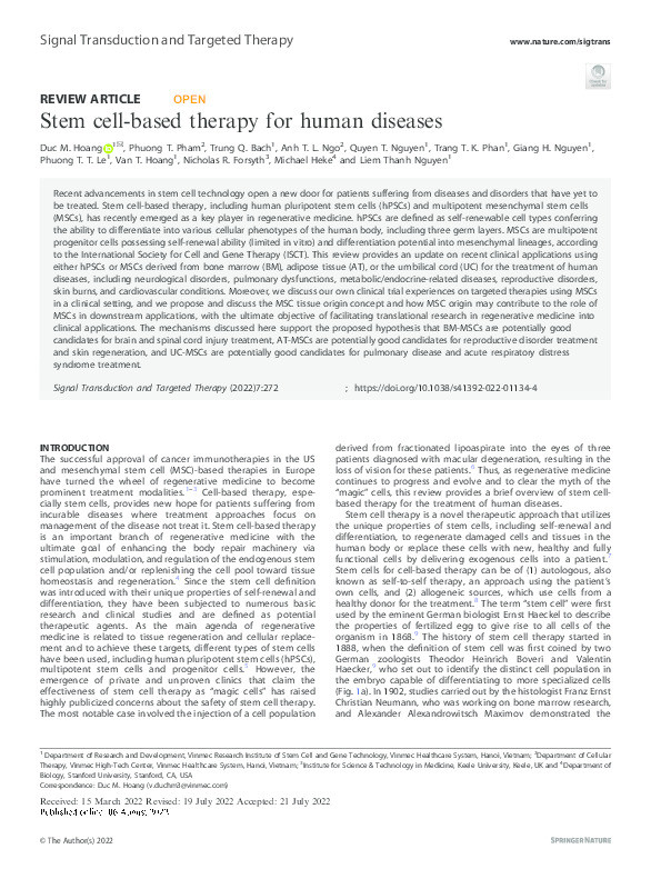 Stem cell-based therapy for human diseases Thumbnail