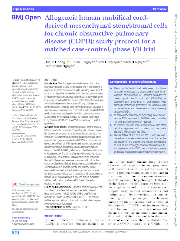 Allogeneic human umbilical cord-derived mesenchymal stem/stromal cells for chronic obstructive pulmonary disease (COPD): study protocol for a matched case–control, phase I/II trial Thumbnail