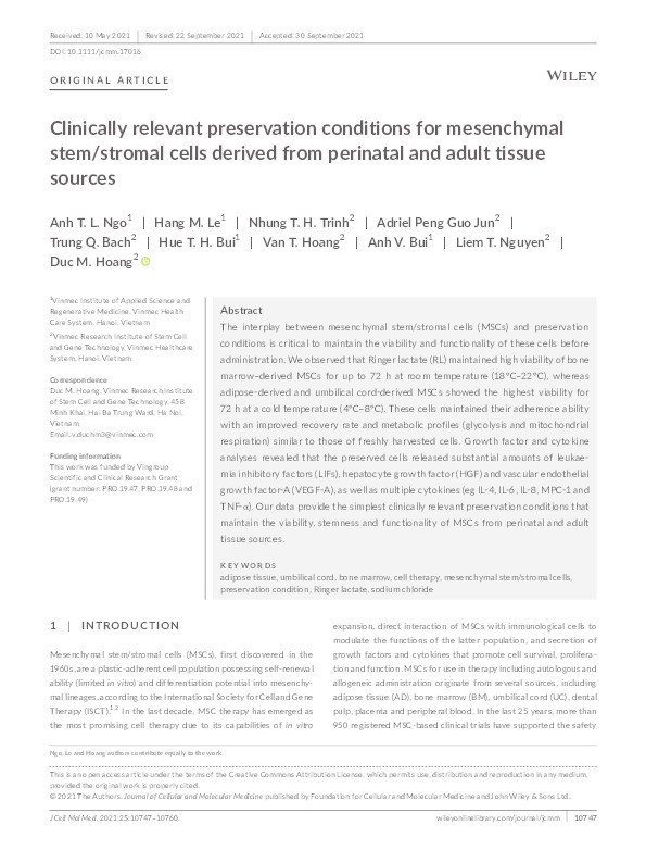 Clinically relevant preservation conditions for mesenchymal stem/stromal cells derived from perinatal and adult tissue sources Thumbnail