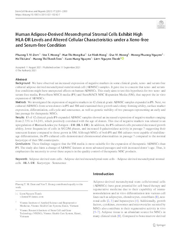 Human Adipose-Derived Mesenchymal Stromal Cells Exhibit High HLA-DR Levels and Altered Cellular Characteristics under a Xeno-free and Serum-free Condition Thumbnail