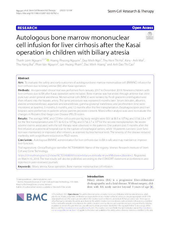 Autologous bone marrow mononuclear cell infusion for liver cirrhosis after the Kasai operation in children with biliary atresia Thumbnail