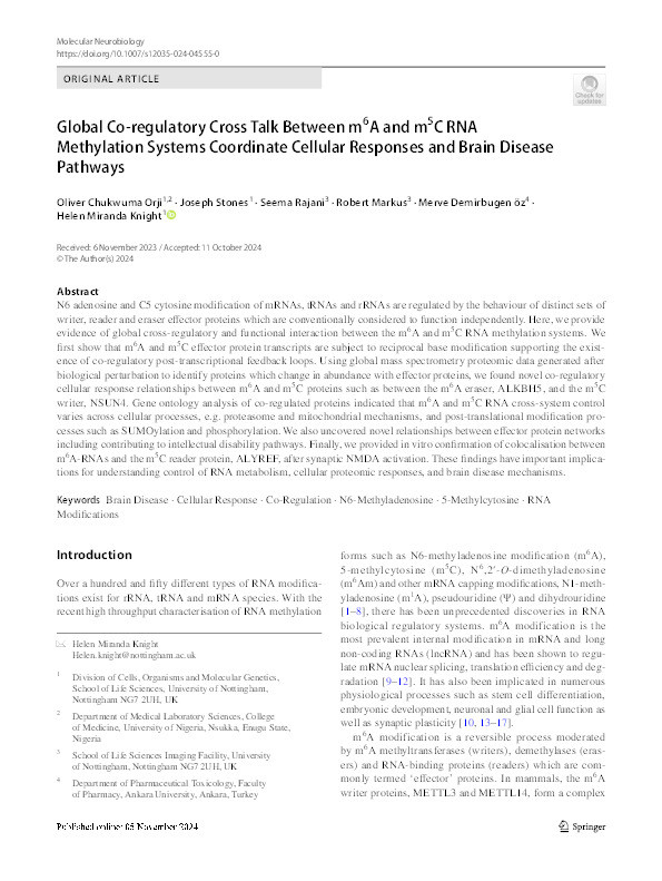 Global co-regulatory cross talk between m6A and m5C RNA methylation systems coordinate cellular responses and brain disease pathways Thumbnail