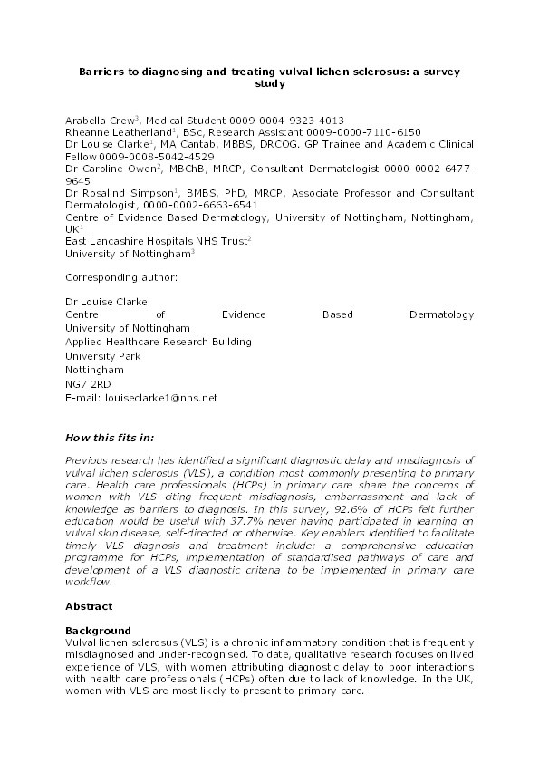 Barriers to diagnosing and treating vulval lichen sclerosus: a survey study Thumbnail