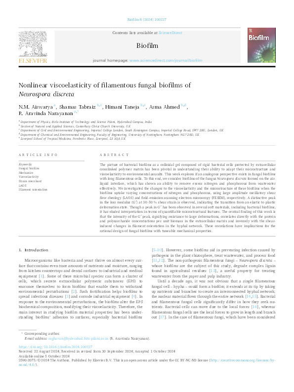 Nonlinear viscoelasticity of filamentous fungal biofilms of Neurospora discreta Thumbnail