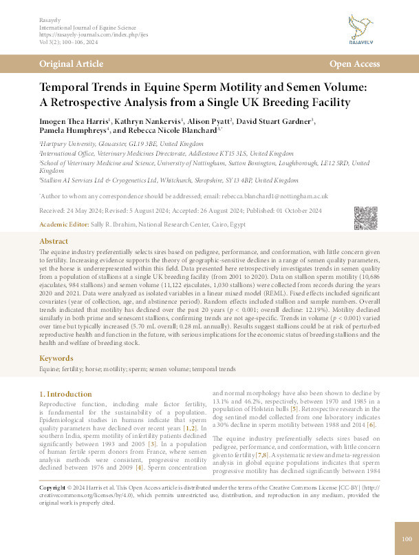 Temporal Trends in Equine Sperm Motility and Semen Volume: A Retrospective Analysis from a Single UK Breeding Facility Thumbnail