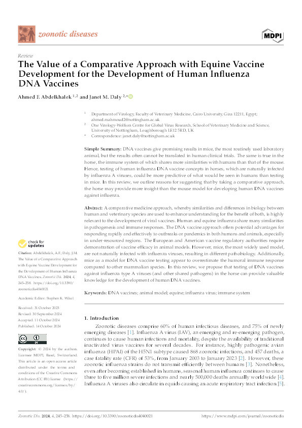 The value of a comparative approach with equine vaccine development for the development of human influenza DNA vaccines Thumbnail