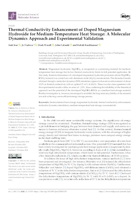 Thermal Conductivity Enhancement of Doped Magnesium Hydroxide for Medium-Temperature Heat Storage: A Molecular Dynamics Approach and Experimental Validation Thumbnail