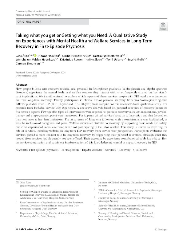 Taking what you get or Getting what you Need: A Qualitative Study on Experiences with Mental Health and Welfare Services in Long-Term Recovery in First-Episode Psychosis Thumbnail