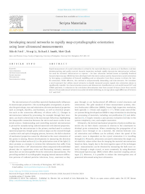 Developing neural networks to rapidly map crystallographic orientation using laser ultrasound measurements Thumbnail