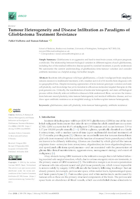 Tumour Heterogeneity and Disease Infiltration as Paradigms of Glioblastoma Treatment Resistance Thumbnail