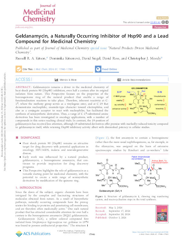 Geldanamycin, a Naturally Occurring Inhibitor of Hsp90 and a Lead Compound for Medicinal Chemistry Thumbnail