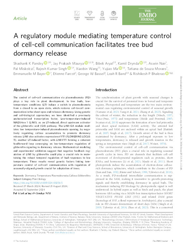 A regulatory module mediating temperature control of cell-cell communication facilitates tree bud dormancy release Thumbnail