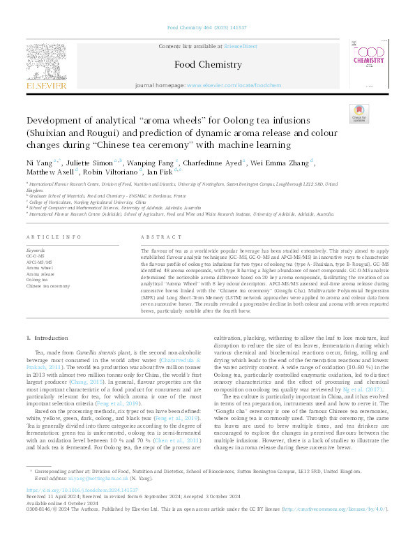 Development of analytical “aroma wheels” for Oolong tea infusions (Shuixian and Rougui) and prediction of dynamic aroma release and colour changes during “Chinese tea ceremony” with machine learning Thumbnail