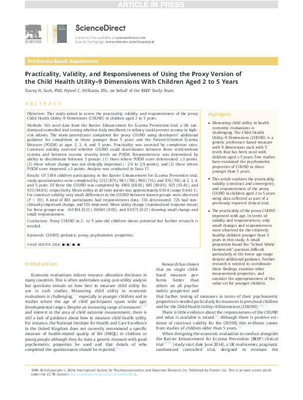 Practicality, Validity, and Responsiveness of Using the Proxy Version of the Child Health Utility–9 Dimensions With Children Aged 2 to 5 Years Thumbnail