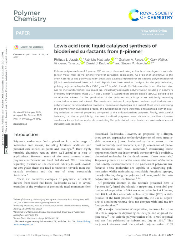 Lewis acid ionic liquid catalysed synthesis of bioderived surfactants from β-pinene Thumbnail