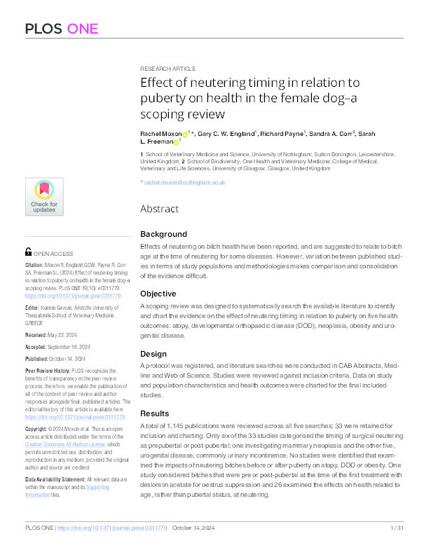 Effect of neutering timing in relation to puberty on health in the female dog–a scoping review Thumbnail